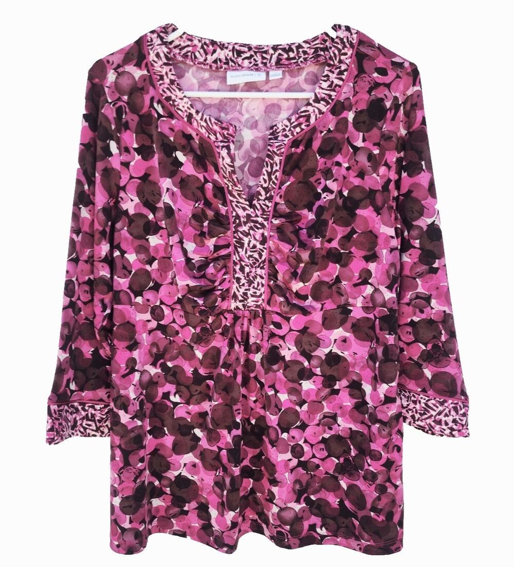 Susan Graver Liquid Knit Printed Top Size L Ruched Front 3/4 Sleeves Pink Uneck